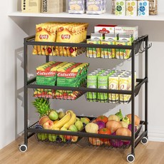 3단 롤링 식료품 저장실 바닥 정리함 카트 탈착식 바구니 6개 바퀴가 달린 금속 와이어 과일 바구니 스탠드 과일 채소를 위한 주방 보관 카트 식료품 저장실 주방 거실용, 3단 롤링 식료품 저장실 바닥 정리함 카트, 탈착식 바