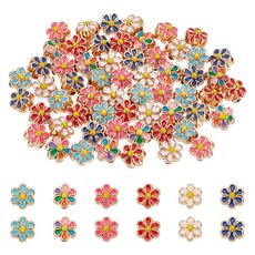 60개 6가지 색상의 밝은 금색 합금 에나멜 꽃 모양 비즈 혼합 색상 7x6.5x5mm 구멍: 1mm, 혼합색