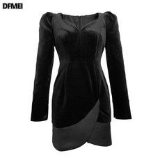DFMEI 가벼운 벌룬 소매 블랙 브이넥 긴팔 원피스 햅번 날씬스커트 9401