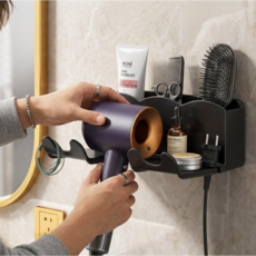 피앤에스 무타공 드라이기 거치대 욕실 벽걸이 접착식 선정리, 블랙, 1개