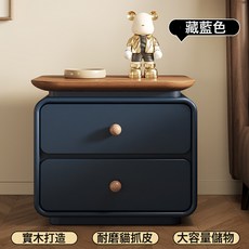 現代奶油中古風實木床頭櫃 臥室小型床邊收納櫃, Y1實木+貓抓皮藏藍色