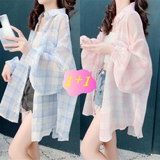 AOKADA 1+1 여성 여름 오버핏 체크 남방 캐주얼 자외선 차단 긴팔 셔츠