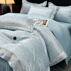 妃雪森 冰絲四件套 寬邊純色簡約 被罩 床單 牀笠款, A類輕奢-流光-淺藍,牀單款四件套【被套200*230】_2
