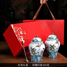 將軍 青花瓷茶葉罐禮盒，陶瓷密封儲存罐，茶葉包裝空罐，青花瓷茶葉禮品包裝盒, 紅色禮盒, 1個