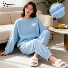 커플용 겨울 하트 포인트 두꺼운 기모잠옷 홈웨어 상하세트