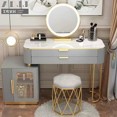 艾兜家居 免安裝歐式化妝台/梳妝台 北歐實木化妝桌 高檔收納化妝臺 (含鏡), 灰色桌+高級櫃+智能鏡+送鳥巢凳,80cm
