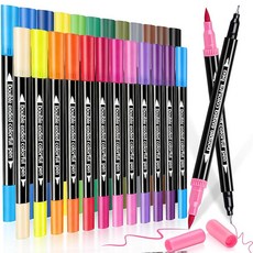 컬러 수채화 펜 24색 세트 컬러 펜 마커펜 수성 펜 붓 타입 붓 극세 브러시 굵은 글씨/가는 글씨 모두 사용 가능 수채화 붓 아트 마커 일러스트 플래너 색칠 그림 편지 그림 그리