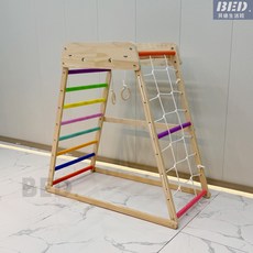 兒童室內實木攀爬架滑梯秋千組合 家用幼兒園小型淘氣堡樂園 彩繪實木攀爬架 寶寶遊樂設施, 小彩梯單架（送吊環）, 1個
