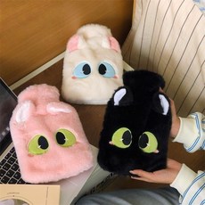 毛絨可愛加厚防爆熱水袋灌水學生暖水袋肚子熱敷, 1個, 玄武黑,800ml【加厚內膽丨毛絨布套丨可拆洗】