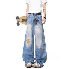 청바지 일자핏 데님 빈티지 카툰 프린팅 루즈 와이드