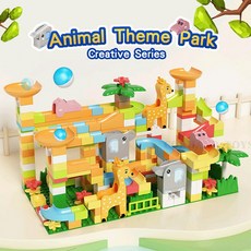 創意系列 動物主題公園 滾珠軌道積木 可愛動物模型 附贈收納盒, 袋裝, 1套