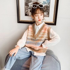 재한 주니어 재한 초등학생 V넥 민소매 니트