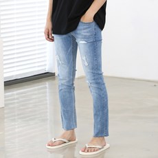 Herbucks 男式氨綸第 9 部分破洞藍色淺色牛仔褲剪裁牛仔褲九分牛仔褲修身直筒破洞牛仔褲損壞牛仔褲 S-2XL