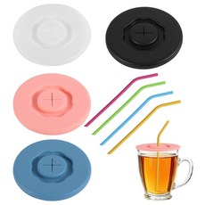 실리콘 컵 뚜껑 4개 및 빨대 4개 재사용 가능한 음료 보호 커버 빨대 구멍 누출 방지 씰 뚜껑 포함 대부분의 머그 잔 및 텀블러용, 실리콘 컵 뚜껑 4개 및 빨대 4개, 재사용 가능한 음