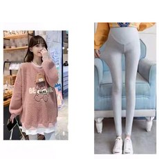 임산부 세트 가을 겨울 여성 캐주얼 임부복 루즈핏 라운드 맨투맨 + 하이웨이스트 레깅스 팬츠 상하의 투피스 기질 도톰 기모 임부 투피스 세트 CY