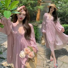 임산부원피스 요정스타일 핑크 쉬폰드레스 패셔너블한 브이넥 롱스커트 봄여름 나들이룩 여행룩