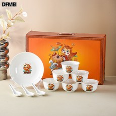 DFMEI 開業活動禮品配頭復古黑邊碗碟盤套裝碗勺輕奢伴手禮陶瓷餐具套裝, 1個, 龍, 4碗4勺1盤