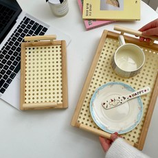 손잡이 미니 사각 우드 트레이 카페 빈티지 소품 라탄 트레이 쟁반 받침대