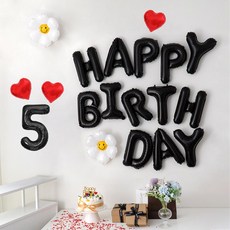 해피제이니 생일 레터링 호일풍선 숫자 하트풍선 데이지풍선 생일파티세트, 1세트, 블랙 숫자5