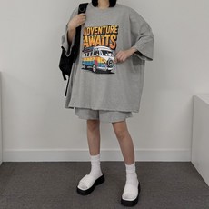 [왕박시/반팔+반바지] 빅사이즈 남여공용 빈티지 어드벤처 반팔 츄리닝 세트 2color