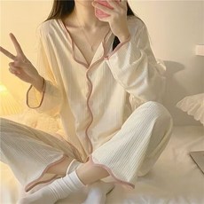 薄款休閒開衫睡衣 長袖長褲兩件套