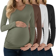 Huukeay 4팩 여성용 임산부 셔츠 긴소매 브이넥 상의 사이드 주름 장식 캐주얼 엄마 의류 기본 튜닉 티셔츠 라이트 핑크 화이트 그레이 블랙 M 120833