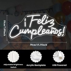 Feliz Cumpleaos LED 네온 사인 테마 생일 파티 생일 축하 베이비 샤워 장식 선물용 축하 네온 조명, [02] 39x18cm