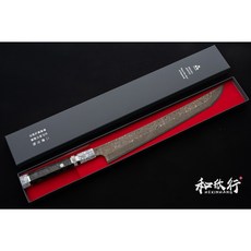 和欣行 現貨 二唐刃物鍛造所 銀三鋼 暗紋 先丸柳刃 330mm (多種柄鞘可選), 黑色碳纖維上下白松石口輪三鎳銀圈仿木釘, 1個, 黑色碳纖維上下白松石口輪三鎳銀圈仿木釘