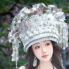 苗族文化頭飾 民族特色飾品 成人款式 不變色材質, 1個, 七星花雙鳳成人款式不變色帽子