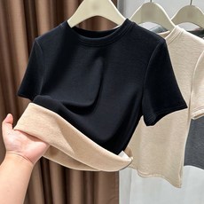 1+1 여성 두툼 피기기모 라운드 티셔츠 여자 보온 반팔 티셔츠 상의 이너티