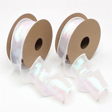 오로라 홀로그램 오간디 리본 40mm 9M 쉬폰 선물포장 끈 꽃다발 장식, 2개, 9.1m, 화이트