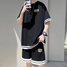 夏季休閒運動套裝，短袖短褲五分袖五分褲，韓版日系簡約風，大尺碼S-5XL兩件套