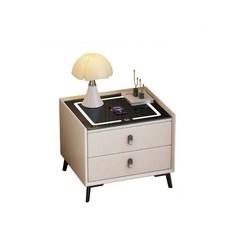 現代簡約無線充電床頭櫃 鋼化玻璃檯面LED燈雙抽屜床邊櫃 臥室收納, 白色, 1個