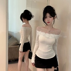 투니스 여성 스플라이싱 슬림핏 프릴 오프숄더 긴소매 티셔츠