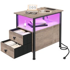 충전소 및 LED 조명이 있는 후브로 엔드 테이블 서랍 2개가 플립탑 좁은 사이드 작은 공간을 위한 나이트스탠드 침실 거실 안정적이고 견고한 러스틱 블랙 BF436UDBZ0, Greige + Black