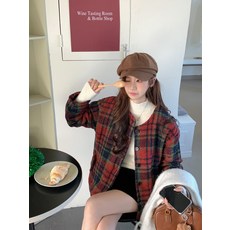 라운드 재킷 면 체크 레드 모직 코트 여 추동 명절 분위기 캐주얼 상의
