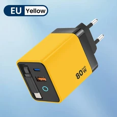 80W GaN USB+PD 고속 충전기 USB3.0 iPhone 16 15 Samsung MacbookMacbook용 접이식 타입 C 케이블 포함 어, 03 yellow EU