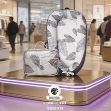 灰色樹葉印花 嬰兒床中床 便攜防壓仿生睡窩 可拆洗, 配送手提袋, 1個