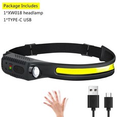 COB LED 센서 전조등 USB 충전식 손전등 내장 1200 MAh 배터리 5 조명 모드 토치 야외 캠핑 랜턴, XW018 1Pcs, 1200MAH Battery, 1개