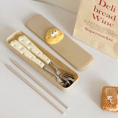 可愛ins奶酪造型小麥餐具三件套裝，學生兒童便攜勺子叉子筷子組合，附收納盒, 1個, ins萌奶酪,筷子【單雙】