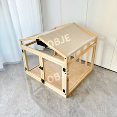 강아지집 원목 사계절 실내 개집 애견하우스 반려동물 쿠션 방석 펫하우스, 내추럴 (투명 울타리), L (65x55x70cm)