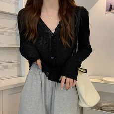 mixbling 波浪紋薄款透膚涼感短版羅紋V領女款開襟衫