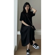 簡約寬鬆短袖連衣裙 過膝長裙, 黑色[優質品純色],XXL