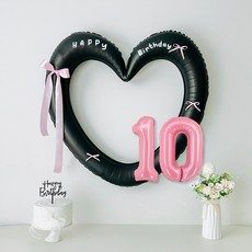 연지마켓 생일 하트프레임풍선 블랙 숫자 생일파티 용품 세트 (자유레터링), 1세트, 블랙하트 숫자 10