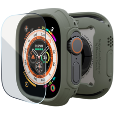 elkson Apple Watch Ultra 1-3代 軍規防摔保護殼 9H鋼化膜套組, 炭綠, 1個