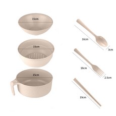 桃園發運 小麥秸稈餐具 泡麵碗帶蓋餐具 大號碗筷學生上班族便攜飯盒套裝, （北歐米）六件套+濾湯器, 1個