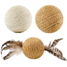 超大顆劍麻球 貓玩具 耐磨劍麻 逗貓羽毛 貓抓球, 原色+羽毛款, 1個