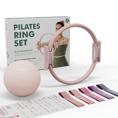 PAETA 필라테스 링 세트 - 35.6cm(14인치) 매직 서클 (17.2kg(38파운드) 저항) 24.9cm(9.8인치) 필라테스 볼 저항 밴드 5개 가정 운동용 운동, 핑크