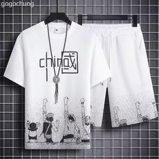 夏季男士運動服圓領寬鬆短袖休閒短褲套裝 透氣舒適潮流男款兩件套