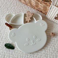 小熊 寶寶餐盤 吸盤式分格餐盤 食品級矽膠兒童學習餐盤 12H出貨, 1個, 米色小熊餐盤